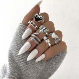 Punk Gothic Black Heart Ring Set For Women Dice Vintage Silver Plated Retro Bee Snake Wing Charm Female Finger Jewelry