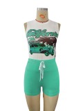 Casual Sports Women's Car Print Sleeveless T-Shirt Tight Shorts Set