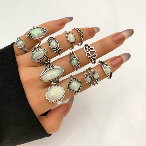 Bohemian Opal Stone Rings Sets For Women Antique Silver Color Carving Knuckle Ring Female Fashion Jewelry