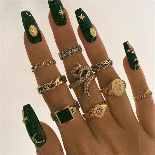 New Boho Snake Shape Knuckle Joint Rings Set For Women Black Stone Geometric Chain Rings Fashion Party Jewelry