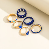 New Blue Crystal Heart Knuckle Ring Set For Women Fashion Enamel Geometric Chain Shape Rings Female Unusual Trend Jewelry