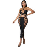 CY9293 hot sale women's dresses drawstring hollow solid color dress