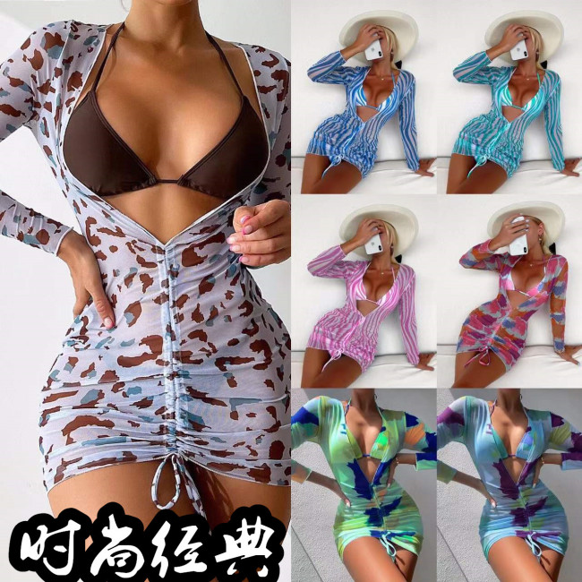 new transparent mesh three-piece digital printing beach sunscreen bikini swimsuit