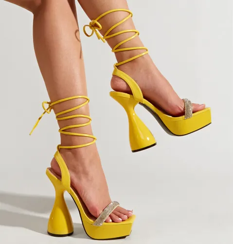 women drill square head bandage wine glass with 14CM fashion high-heeled sandals high heel