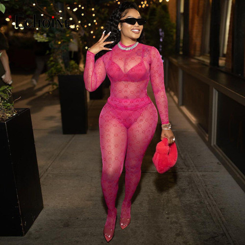 Summer New Women Mesh See Through Print Two Piece Set Long Sleeve Top High Waist Trousers Sexy Party Nightclub Outfits