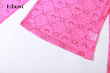 Summer New Women Mesh See Through Print Two Piece Set Long Sleeve Top High Waist Trousers Sexy Party Nightclub Outfits