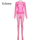 Summer New Women Mesh See Through Print Two Piece Set Long Sleeve Top High Waist Trousers Sexy Party Nightclub Outfits