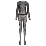 Summer New Women Mesh See Through Print Two Piece Set Long Sleeve Top High Waist Trousers Sexy Party Nightclub Outfits