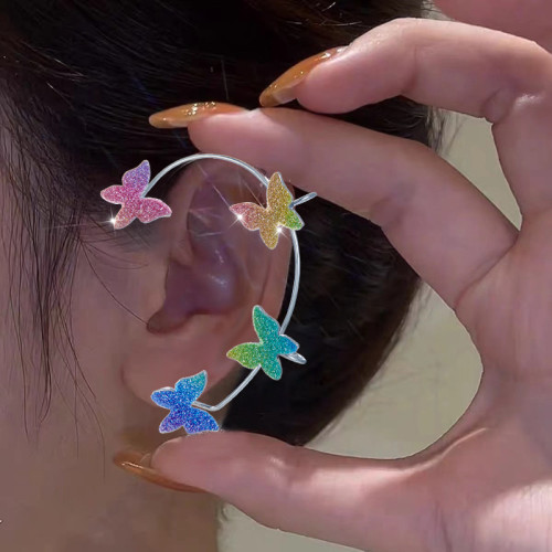 INS Fashion Shiny Colorful Glitter Butterfly Ear Cuff Earrings for Women Spring Summer Pink Blue Ear Clips Without Piercing