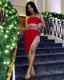Women Fashion Taseels Skirts Strapless Sleeveless Vest Tops + Asymmetrical  Style Skirt Knee Length Two Pieces Party Sets