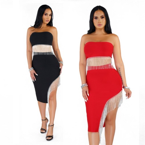 Women Fashion Taseels Skirts Strapless Sleeveless Vest Tops + Asymmetrical  Style Skirt Knee Length Two Pieces Party Sets