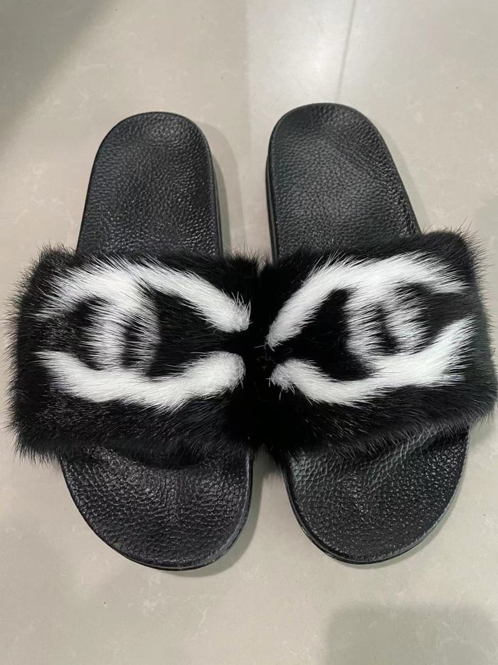 CC Customized Letter Black Mink Fur Slides Only 2 pair