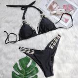 Sexy Metal Accessories Rhinestone Women's Split Swimsuit New Vacation Bikini Plain Color Strap Swimsuit