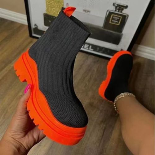 autumn and winter round toe middle heel knitted elastic socks boots women's large size casual boots
