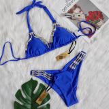Sexy Metal Accessories Rhinestone Women's Split Swimsuit New Vacation Bikini Plain Color Strap Swimsuit