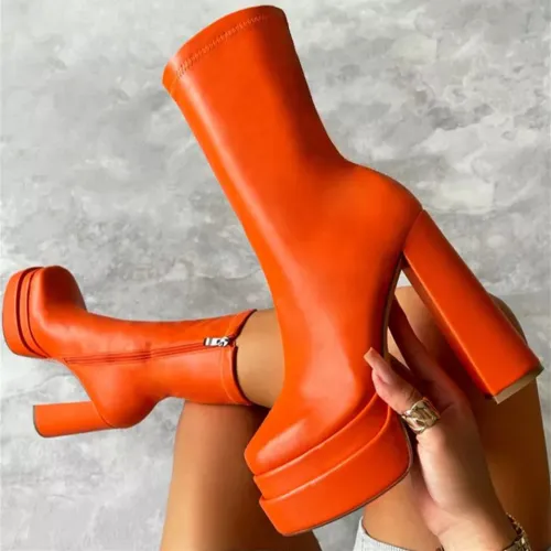 autumn and winter new round head thick high heel boots in women large size warm heels side zipper leather boots ankle boots