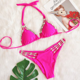 Sexy Metal Accessories Rhinestone Women's Split Swimsuit New Vacation Bikini Plain Color Strap Swimsuit