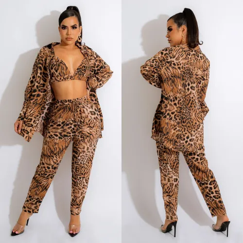 fashion women's long sleeve collared jacket lined with trousers three-piece set