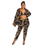 fashion women's long sleeve collared jacket lined with trousers three-piece set