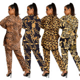 fashion women's long sleeve collared jacket lined with trousers three-piece set