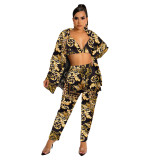 fashion women's long sleeve collared jacket lined with trousers three-piece set