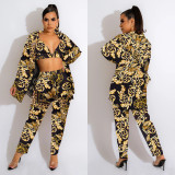 fashion women's long sleeve collared jacket lined with trousers three-piece set