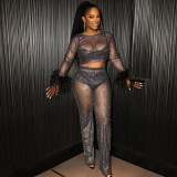 S26751 Foreign trade women's knitted fine flash hair stitching perspective sexy long-sleeved top trousers suit two-piece