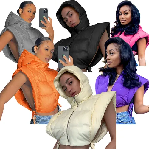 women's autumn new hooded side leakage sleeveless straps short vest all-match fashion bubble vests