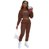 fashion women's fleece drawstring hoodie with cotton vest and jogging pants three-piece suit