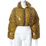 women's winter new mirror leopard print PU leather suit thick coat warm bubble coats