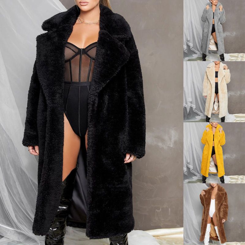 plus size autumn and winter new lapel waist imitation lamb wool simple solid color long imitation fur coat coats