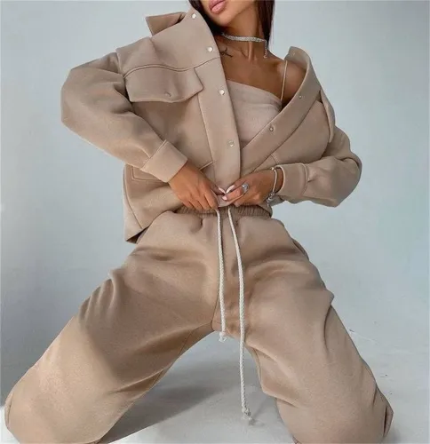 women's autumn and winter solid color women's jacket top casual trousers suit long-sleeved coat sweater two-piece