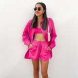 new fashion two-piece women's clothing solid color casual loose lapel satin shirt shorts suit