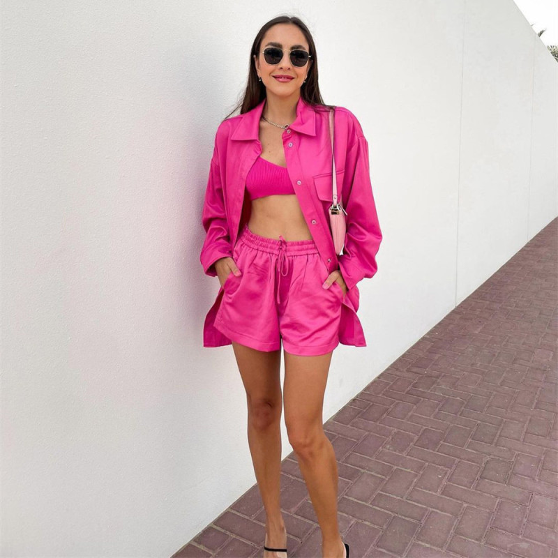 new fashion two-piece women's clothing solid color casual loose lapel satin shirt shorts suit