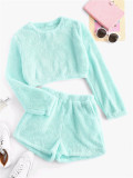 autumn and winter new high-waisted long-sleeved plus shorts leisure home leisure coral velvet suit