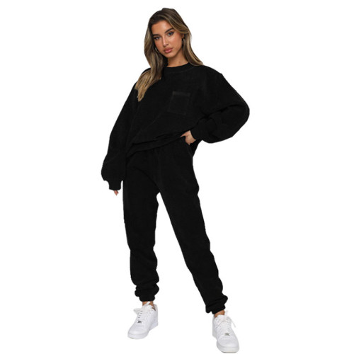 autumn and winter new corduroy solid color round neck pullover long sleeve two-piece fashion trousers suit women