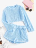 autumn and winter new high-waisted long-sleeved plus shorts leisure home leisure coral velvet suit