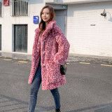 Rose pink leopard print imitation rex rabbit furry faux fur mid-length occupation loose winter women's coat horn button coats