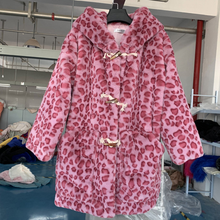 Rose pink leopard print imitation rex rabbit furry faux fur mid-length occupation loose winter women's coat horn button coats