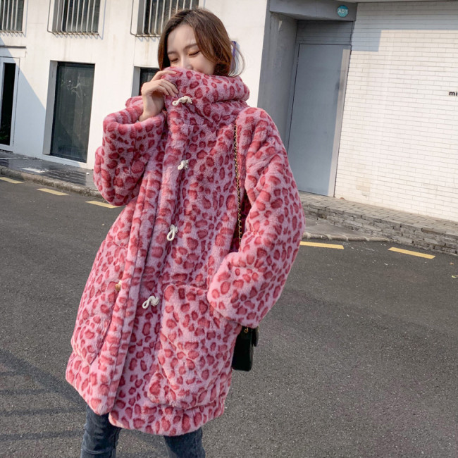 Rose pink leopard print imitation rex rabbit furry faux fur mid-length occupation loose winter women's coat horn button coats