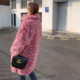 Rose pink leopard print imitation rex rabbit furry faux fur mid-length occupation loose winter women's coat horn button coats