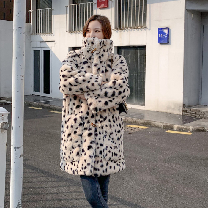 Spotted Faux Rex Rabbit Fur Coat Faux Fur Mid-Length Loose Winter Women's Coat Horn Buckle Coats