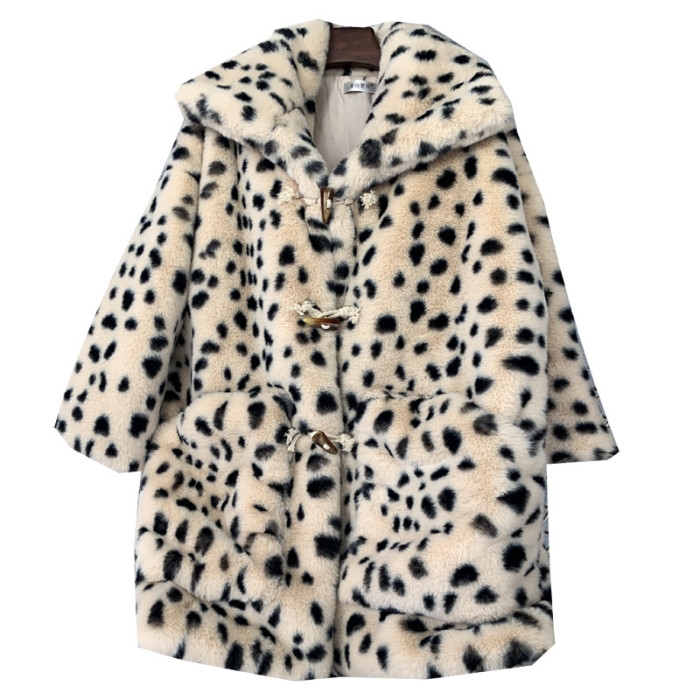 Spotted Faux Rex Rabbit Fur Coat Faux Fur Mid-Length Loose Winter Women's Coat Horn Buckle Coats