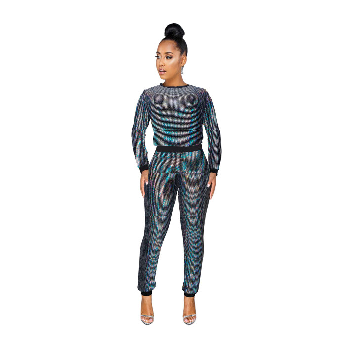 nightclub women's clothing wholesale sexy sequins long-sleeved multicolor suit two pieces sets