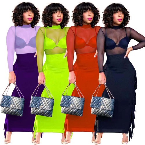 new fashion perspective mesh top skirt two-piece set women's clothing Dress Dresses