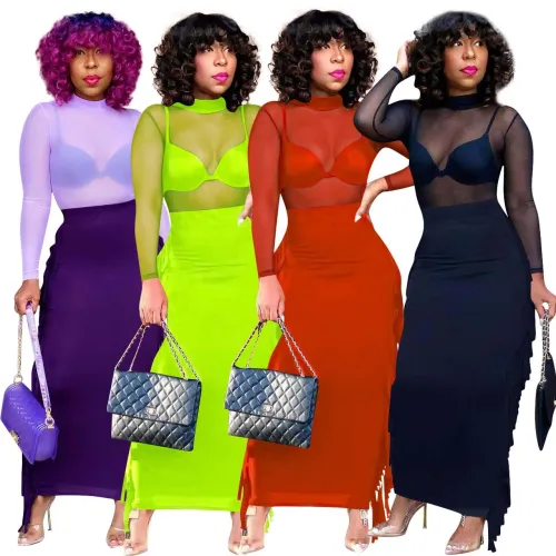 new fashion perspective mesh top skirt two-piece set women's clothing Dress Dresses