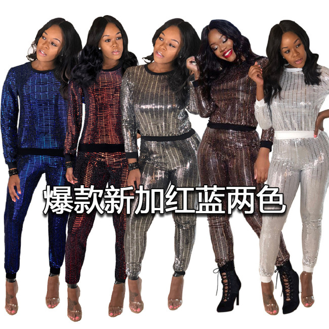 nightclub women's clothing wholesale sexy sequins long sleeve multicolor suit S-2XL multi size two pieces sets