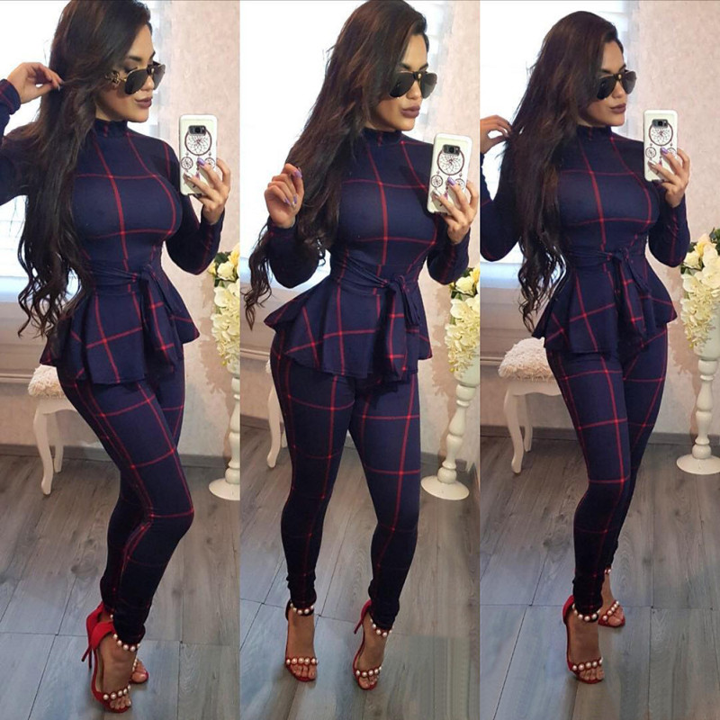 popular women's clothing casual plaid jumpsuit two pieces sets