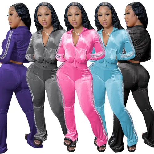 Women's New Solid Gold Edge Gold Velvet Casual Wide Leg Pants Two Piece Set tracksuits sportsuits