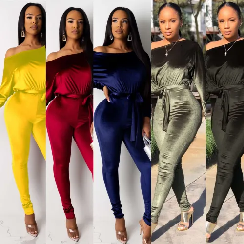 women's clothing popular velvet stretch shoulder bat sleeve jumpsuit with belt